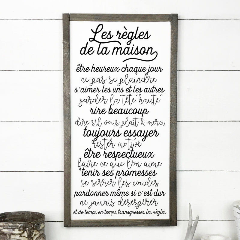 Les règles de la maison - hand made wood sign, fait main, enseigne bois en français, fait au Quebec, canada, signe pancarte cadre tableau, fait au Québec, canada, achat local, Estrie, Montréal, Old Shack 