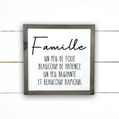 Famille, um peu de famille, fait main, enseigne bois en français, fait au Quebec, canada, signe pancarte cadre tableau, achat local, Estrie, Montréal, Old Shack 
