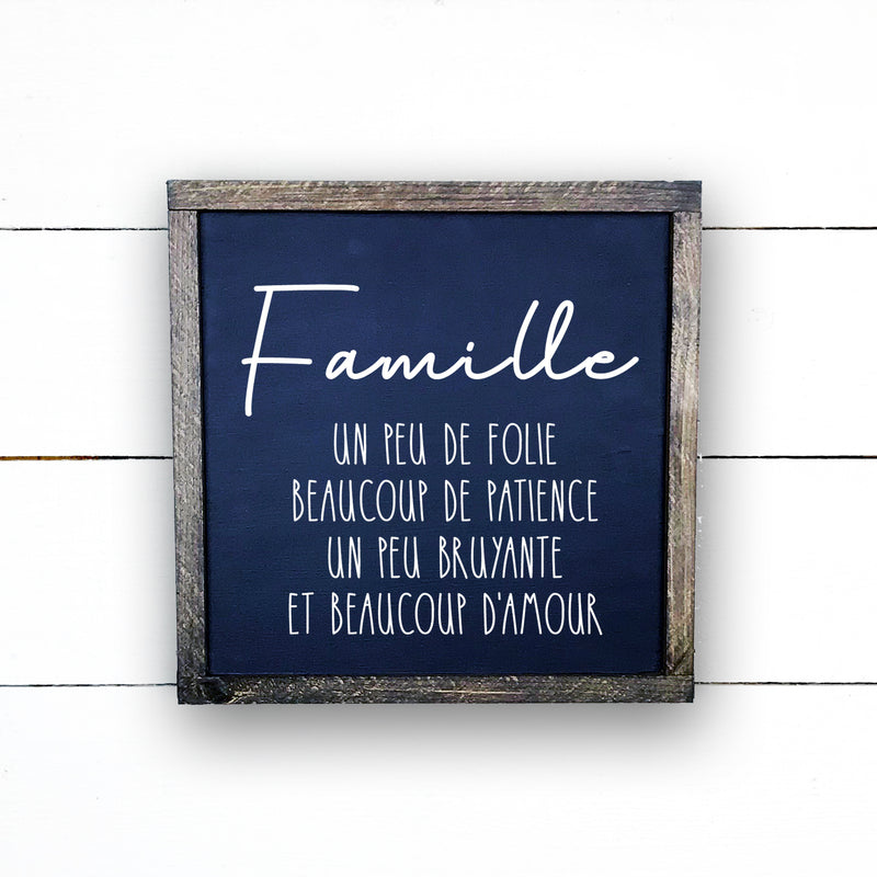 Famille, um peu de famille, fait main, enseigne bois en français, fait au Quebec, canada, signe pancarte cadre tableau, achat local, Estrie, Montréal, Old Shack 
