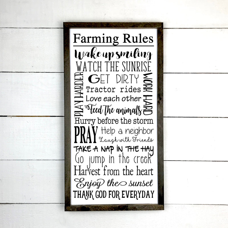 Farming rules, hand made wood sign, fait main, enseigne bois en français, fait au Quebec, canada, signe pancarte cadre tableau, fait au Québec, canada, achat local, Estrie, Montréal, Old Shack 