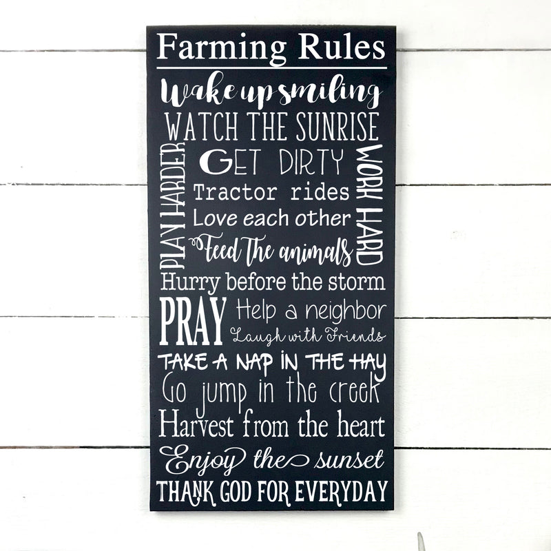 Farming rules, hand made wood sign, fait main, enseigne bois en français, fait au Quebec, canada, signe pancarte cadre tableau, fait au Québec, canada, achat local, Estrie, Montréal, Old Shack 