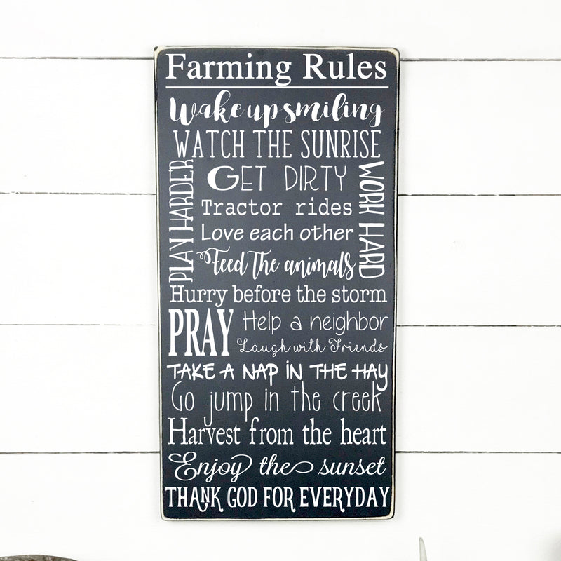 Farming rules, hand made wood sign, fait main, enseigne bois en français, fait au Quebec, canada, signe pancarte cadre tableau, fait au Québec, canada, achat local, Estrie, Montréal, Old Shack 