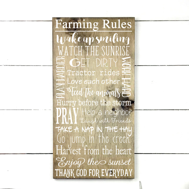 Farming rules, hand made wood sign, fait main, enseigne bois en français, fait au Quebec, canada, signe pancarte cadre tableau, fait au Québec, canada, achat local, Estrie, Montréal, Old Shack 