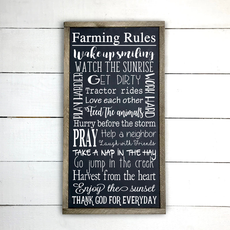 Farming rules, hand made wood sign, fait main, enseigne bois en français, fait au Quebec, canada, signe pancarte cadre tableau, fait au Québec, canada, achat local, Estrie, Montréal, Old Shack 