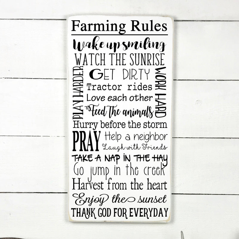 Farming rules, hand made wood sign, fait main, enseigne bois en français, fait au Quebec, canada, signe pancarte cadre tableau, fait au Québec, canada, achat local, Estrie, Montréal, Old Shack 