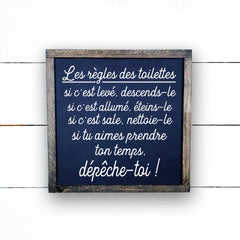 les règles des toilettes, fait main, enseigne bois en français, fait au Quebec, canada, signe pancarte cadre tableau, achat local, Estrie, Montréal, Old Shack 
