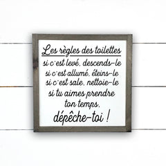 les règles des toilettes, fait main, enseigne bois en français, fait au Quebec, canada, signe pancarte cadre tableau, achat local, Estrie, Montréal, Old Shack 
