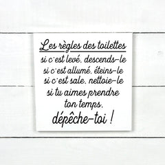 les règles des toilettes, fait main, enseigne bois en français, fait au Quebec, canada, signe pancarte cadre tableau, achat local, Estrie, Montréal, Old Shack 
