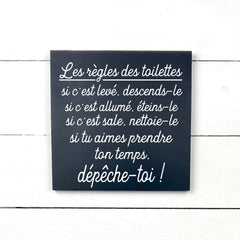 les règles des toilettes, fait main, enseigne bois en français, fait au Quebec, canada, signe pancarte cadre tableau, achat local, Estrie, Montréal, Old Shack 
