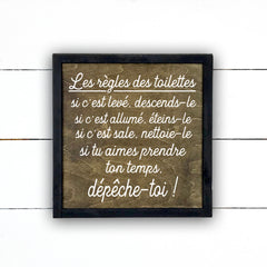 les règles des toilettes, fait main, enseigne bois en français, fait au Quebec, canada, signe pancarte cadre tableau, achat local, Estrie, Montréal, Old Shack 
