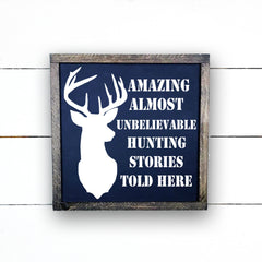 Amazing hunting stories, fait main, enseigne bois en français, fait au Quebec, canada, signe pancarte cadre tableau, achat local, Estrie, Montréal, Old Shack 
