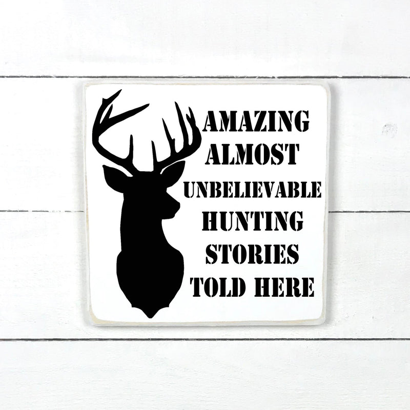 Amazing hunting stories, fait main, enseigne bois en français, fait au Quebec, canada, signe pancarte cadre tableau, achat local, Estrie, Montréal, Old Shack 
