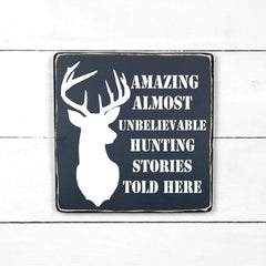 Amazing hunting stories, fait main, enseigne bois en français, fait au Quebec, canada, signe pancarte cadre tableau, achat local, Estrie, Montréal, Old Shack 
