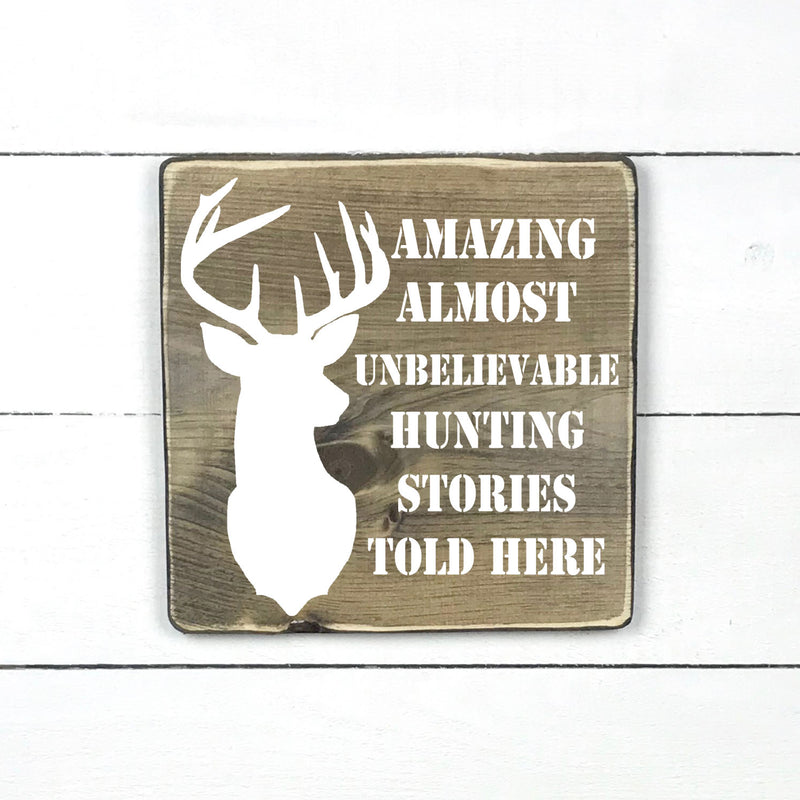 Amazing hunting stories, fait main, enseigne bois en français, fait au Quebec, canada, signe pancarte cadre tableau, achat local, Estrie, Montréal, Old Shack 

