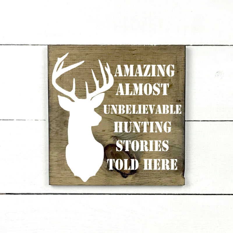 Amazing hunting stories, fait main, enseigne bois en français, fait au Quebec, canada, signe pancarte cadre tableau, achat local, Estrie, Montréal, Old Shack 
