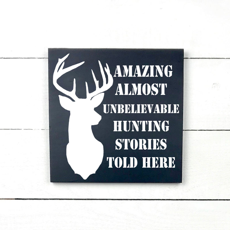 Amazing hunting stories, fait main, enseigne bois en français, fait au Quebec, canada, signe pancarte cadre tableau, achat local, Estrie, Montréal, Old Shack 
