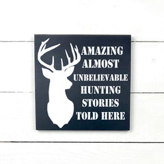 Amazing hunting stories, fait main, enseigne bois en français, fait au Quebec, canada, signe pancarte cadre tableau, achat local, Estrie, Montréal, Old Shack 
