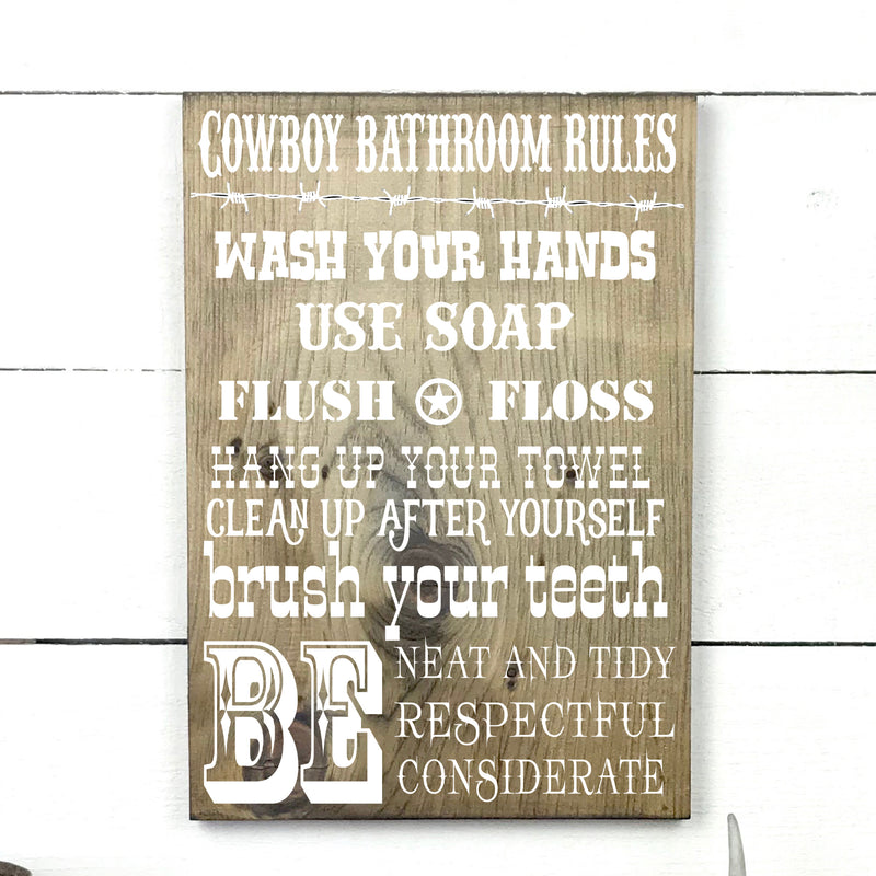 Cowboy bathroom rules, fait main, enseigne bois en français, fait au Quebec, canada, signe pancarte cadre tableau, achat local, Estrie, Montréal, Old Shack 