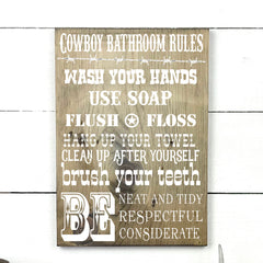 Cowboy bathroom rules, fait main, enseigne bois en français, fait au Quebec, canada, signe pancarte cadre tableau, achat local, Estrie, Montréal, Old Shack 