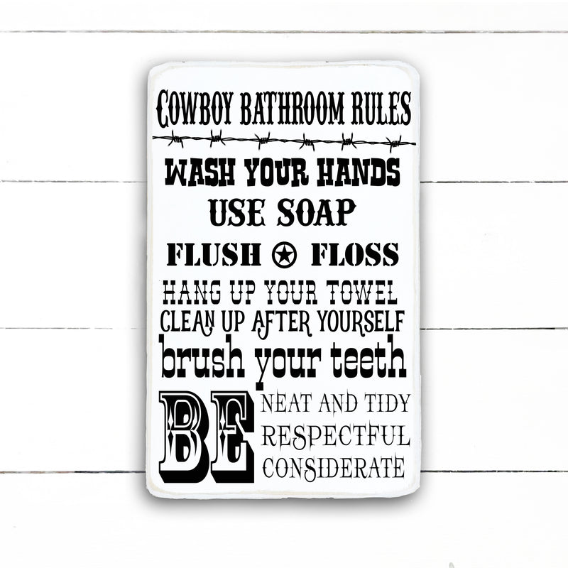 Cowboy bathroom rules, fait main, enseigne bois en français, fait au Quebec, canada, signe pancarte cadre tableau, achat local, Estrie, Montréal, Old Shack 