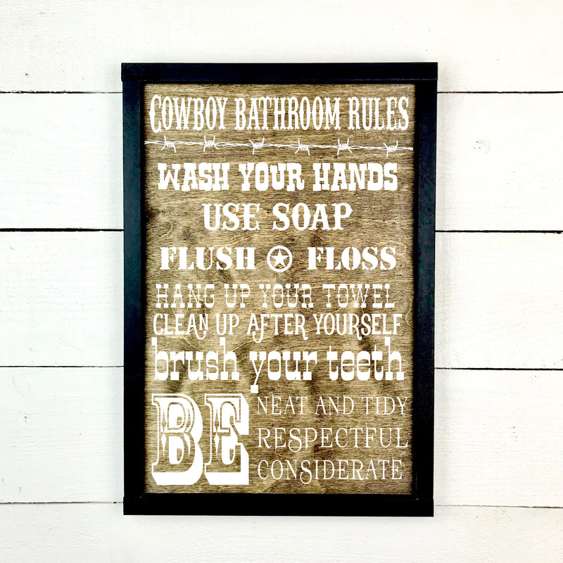 Cowboy bathroom rules, fait main, enseigne bois en français, fait au Quebec, canada, signe pancarte cadre tableau, achat local, Estrie, Montréal, Old Shack 