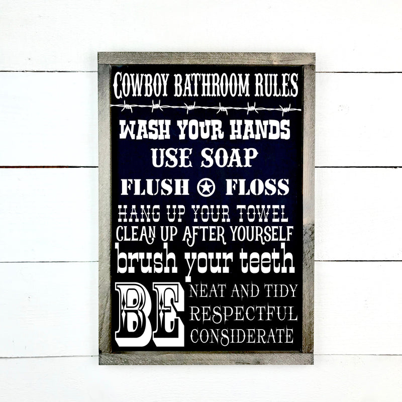 Cowboy bathroom rules, fait main, enseigne bois en français, fait au Quebec, canada, signe pancarte cadre tableau, achat local, Estrie, Montréal, Old Shack 