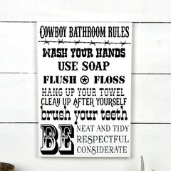 Cowboy bathroom rules, fait main, enseigne bois en français, fait au Quebec, canada, signe pancarte cadre tableau, achat local, Estrie, Montréal, Old Shack 