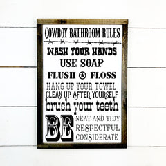 Cowboy bathroom rules, fait main, enseigne bois en français, fait au Quebec, canada, signe pancarte cadre tableau, achat local, Estrie, Montréal, Old Shack 